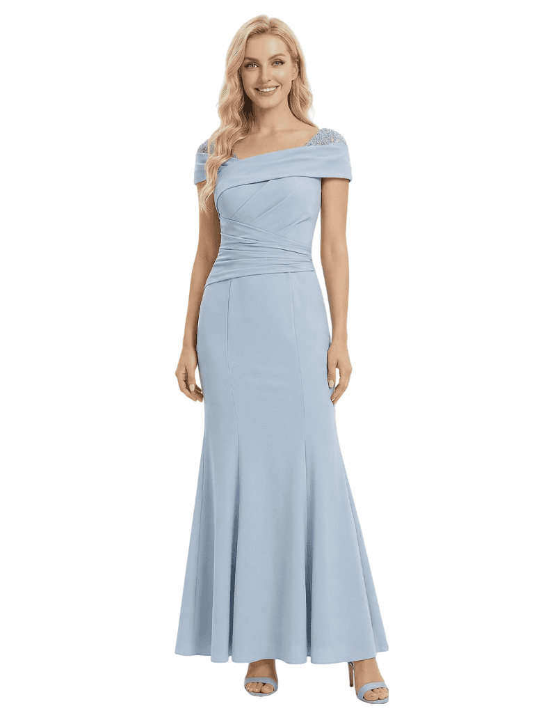 Pretty Off The Shoulder Mother Of The Bride Gown Ruched Crepe Maxi Dress