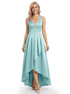 Elegant V-Neck High-Low Mother Of The Bride Dress Pleated Satin A-Line Sleeveless Gown