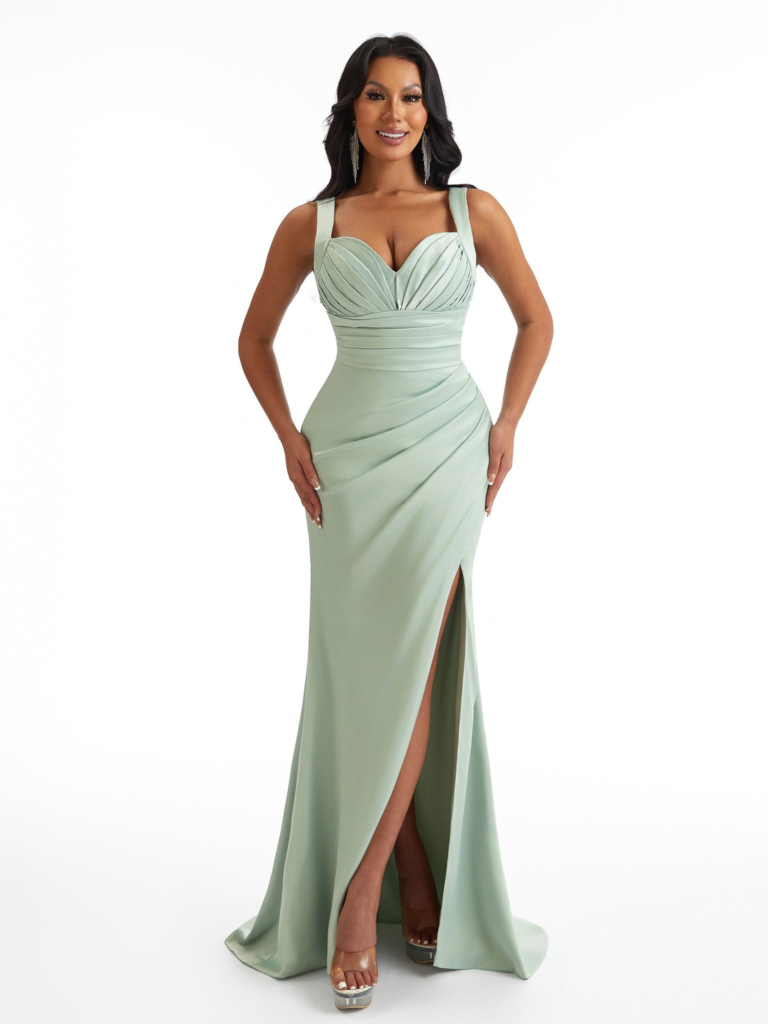 Sexy Mermaid Pleated Satin Unique Long Bridesmaid Dresses Online With Split
