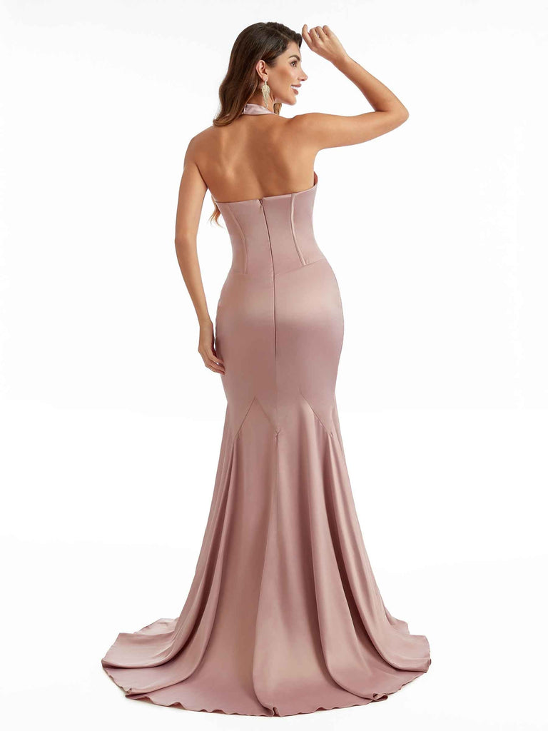 Sexy Mermaid Halter Long Silky Satin Unique Formal Bridesmaid Dresses Online