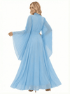 High Neck Pleated Chiffon Mother Of The Bride Dress Bell Sleeves A-Line Maxi Gown with Waist Sash