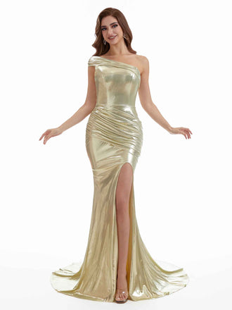 Sexy One Shoulder Side Slit Mermaid Metallic Stretch Shiny Fabric Long Wedding Guest Dresses