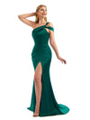 Sexy Side Slit One Shoulder Mermaid Stretch Satin Unique Long Bridesmaid Dress For Wedding