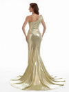 Sexy One Shoulder Side Slit Mermaid Metallic Stretch Shiny Fabric Long Wedding Guest Dresses