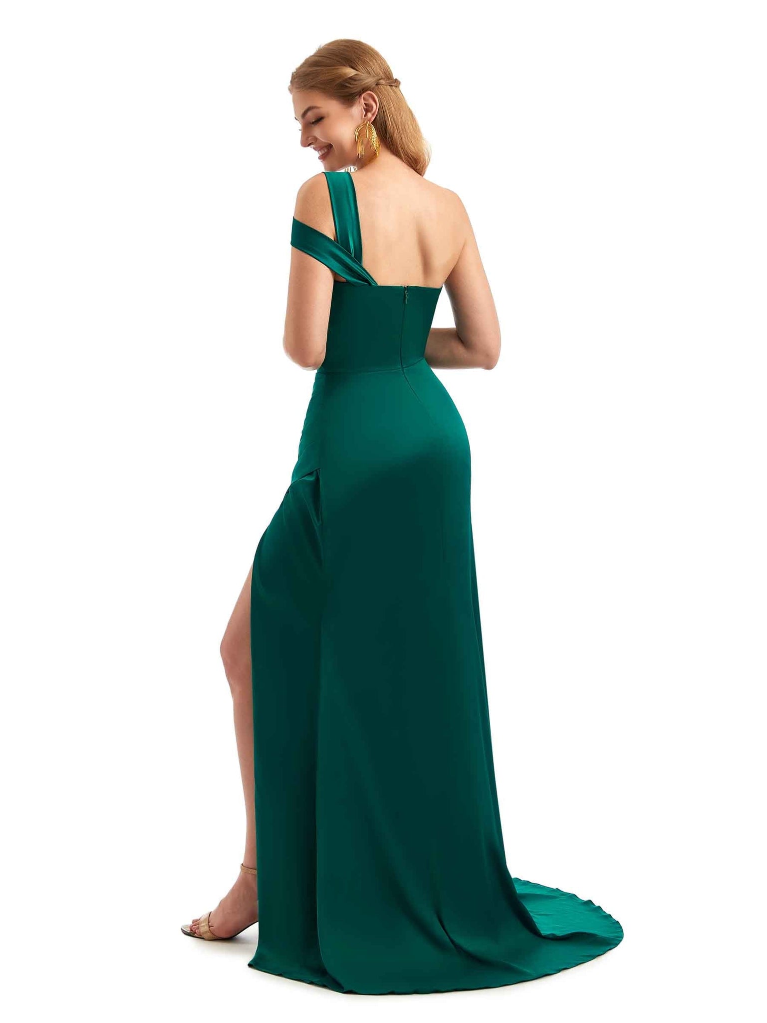 Silky Satin One Shoulder Mermaid Sexy Side Slit Satin Long Bridesmaid Dress Uk With Slit
