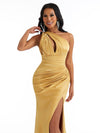 Sexy Mermaid One Shoulder Satin Ruched Long Bridesmaid Dresses Online With Split