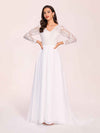 Boho Long Sleeves V-neck Open Back Lace Top A-line Floor Length Wedding Dress