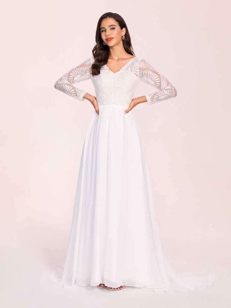Boho Long Sleeves V-neck Open Back Lace Top A-line Floor Length Wedding Dress