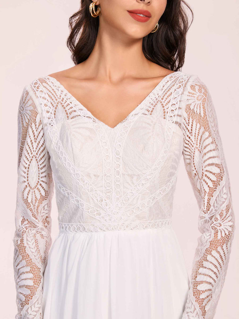 Boho Long Sleeves V-neck Open Back Lace Top A-line Floor Length Wedding Dress