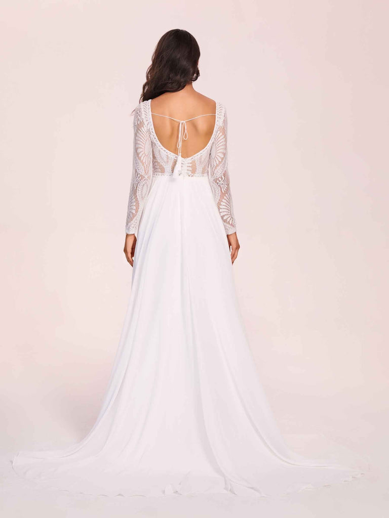 Boho Long Sleeves V-neck Open Back Lace Top A-line Floor Length Wedding Dress