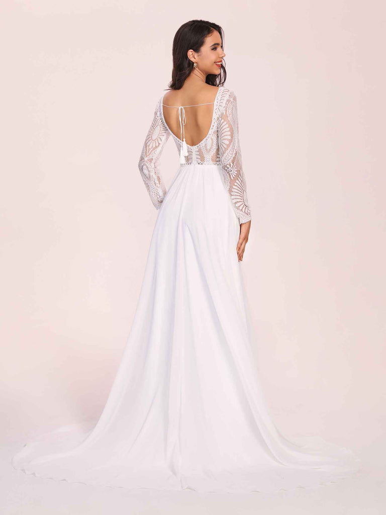 Boho Long Sleeves V-neck Open Back Lace Top A-line Floor Length Wedding Dress