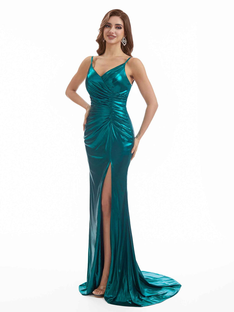 Sexy Mermaid Spaghetti Straps Metallic Stretch Shiny Fabric Side Slit Long Wedding Guest Dresses