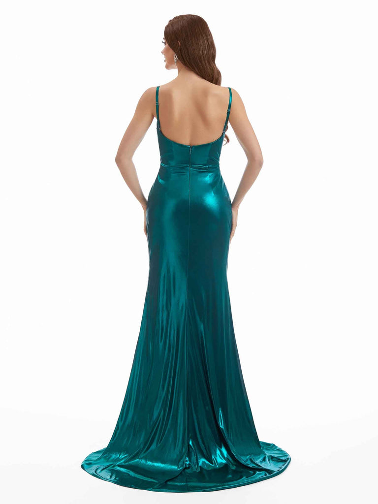 Sexy Mermaid Spaghetti Straps Metallic Stretch Shiny Fabric Side Slit Long Wedding Guest Dresses