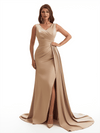 Elegant V-Neck Mermaid Side Slit Soft Satin Long Bridesmaid Dresses Online