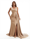 Elegant V-Neck Mermaid Side Slit Soft Satin Long Bridesmaid Dresses Online