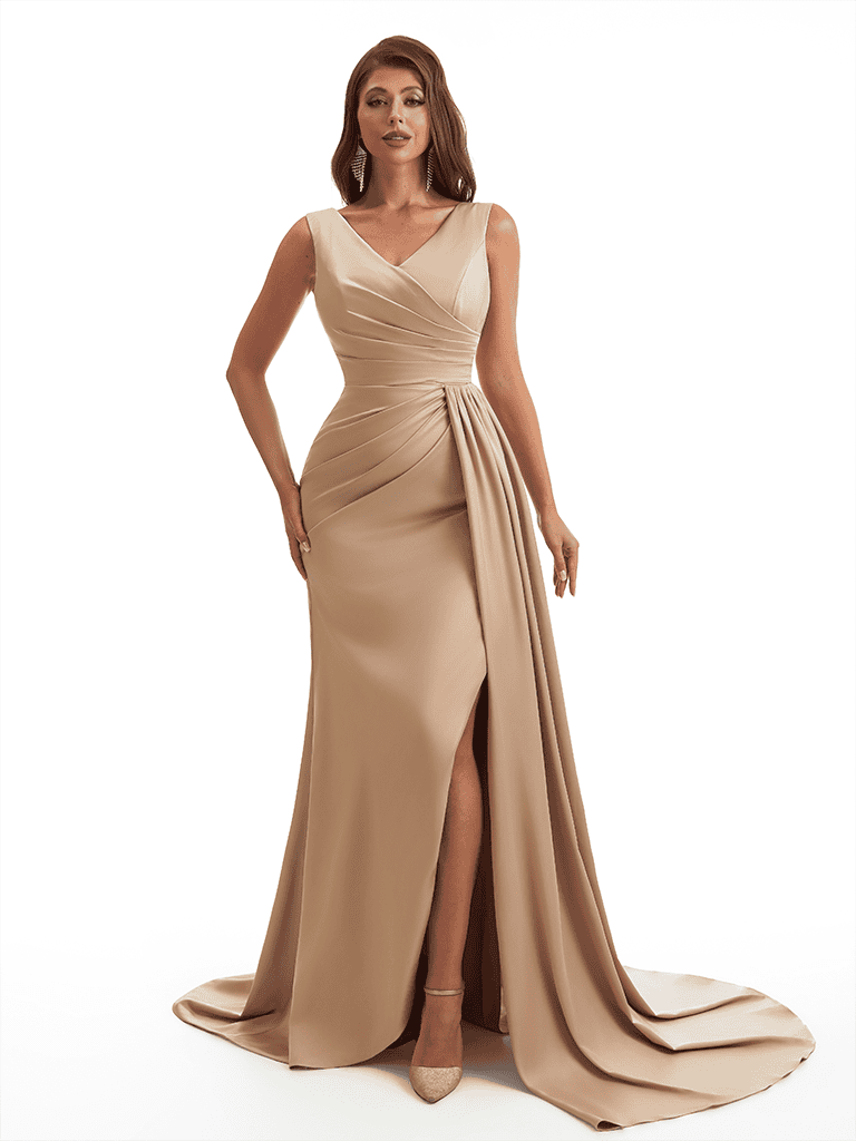 Elegant V-Neck Mermaid Side Slit Soft Satin Long Bridesmaid Dresses Online