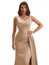 Elegant V-Neck Mermaid Side Slit Soft Satin Long Bridesmaid Dresses Online