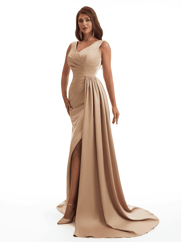 Elegant V-Neck Mermaid Side Slit Soft Satin Long Bridesmaid Dresses Online