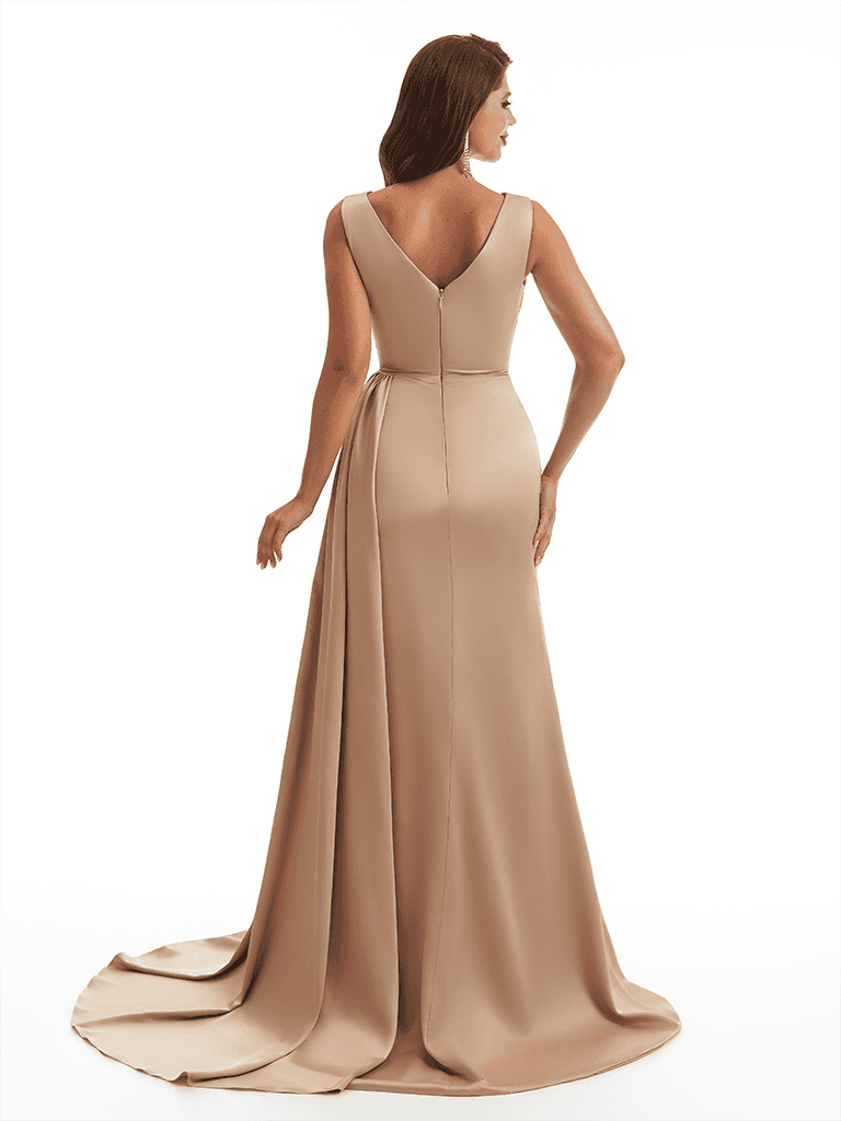 Elegant V-Neck Mermaid Side Slit Soft Satin Long Bridesmaid Dresses Online