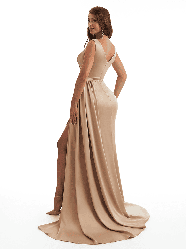 Elegant V-Neck Mermaid Side Slit Soft Satin Long Bridesmaid Dresses Online