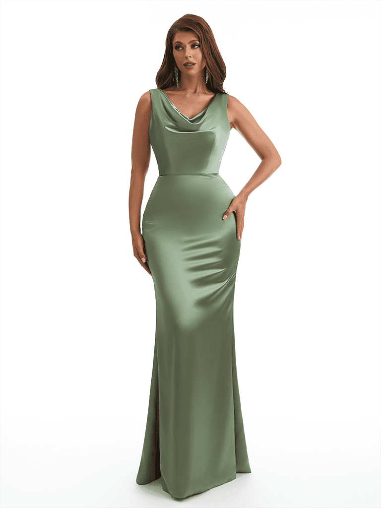 Elegant Cowl Neck Mermaid Soft Satin Long Wedding Party Bridesmaid Dresses Online