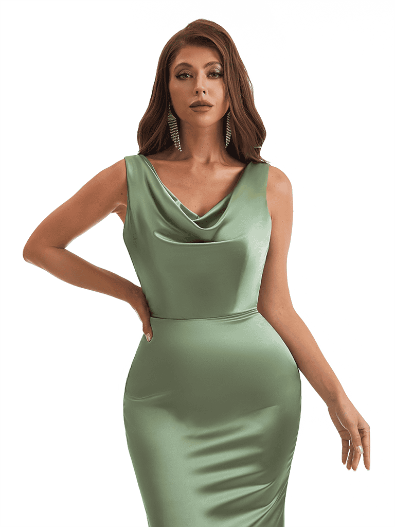 Elegant Cowl Neck Mermaid Soft Satin Long Wedding Party Bridesmaid Dresses Online