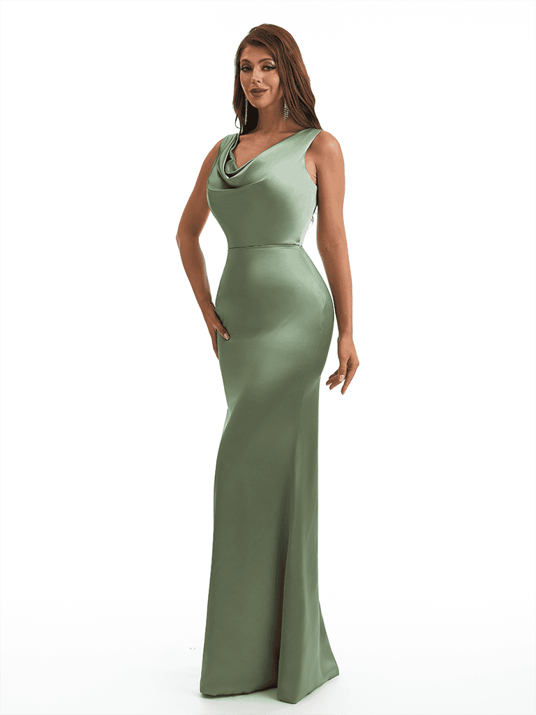 Elegant Cowl Neck Mermaid Soft Satin Long Wedding Party Bridesmaid Dresses Online