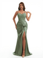 Elegant Spaghetti Straps Lace Top Mermaid Soft Satin Side Slit Long Bridesmaid Dresses Online