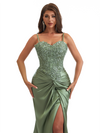 Elegant Spaghetti Straps Lace Top Mermaid Soft Satin Side Slit Long Bridesmaid Dresses Online