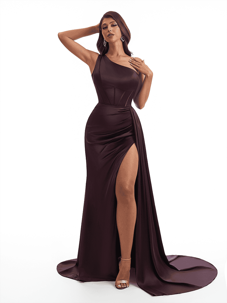 Sexy One Shoulder Side Slit Mermaid Satin Ruched Long Bridesmaid Dresses With Bonings