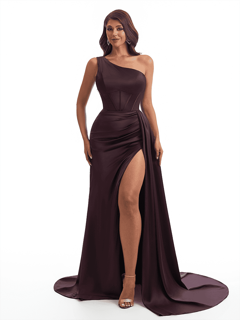 Sexy One Shoulder Side Slit Mermaid Satin Ruched Long Bridesmaid Dresses With Bonings