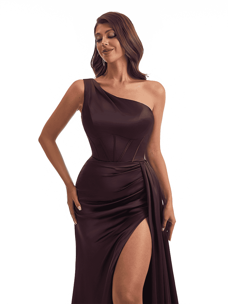 Sexy One Shoulder Side Slit Mermaid Satin Ruched Long Bridesmaid Dresses With Bonings