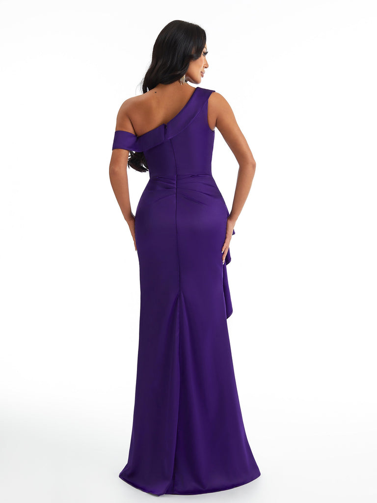 Sexy Ruffle Mermaid Asymmetric Straps Satin Side Slit Long Bridesmaid Dresses Online