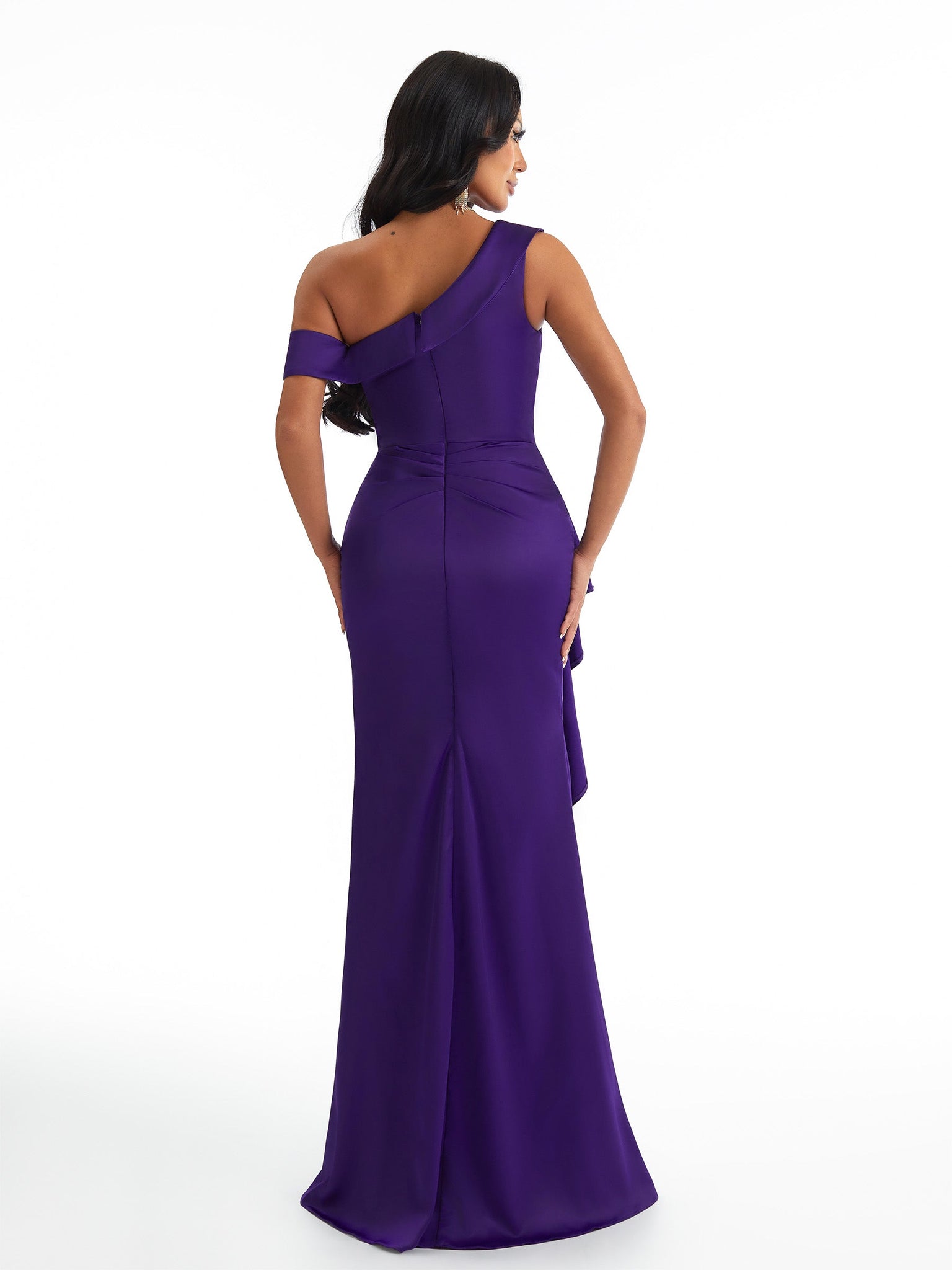 Sexy Ruffle Mermaid Asymmetric Straps Satin Side Slit Long Bridesmaid Dresses Online