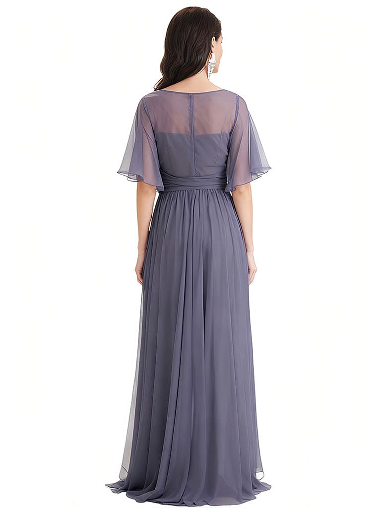 Elegant Flutter Sleeves Jewel A-Line Ruched Chiffon Mother Of The Bride Dress