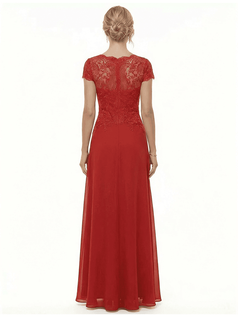 Elegant Lace Short Sleeves Chiffon A-Line Long Mother of The Bride Dresses