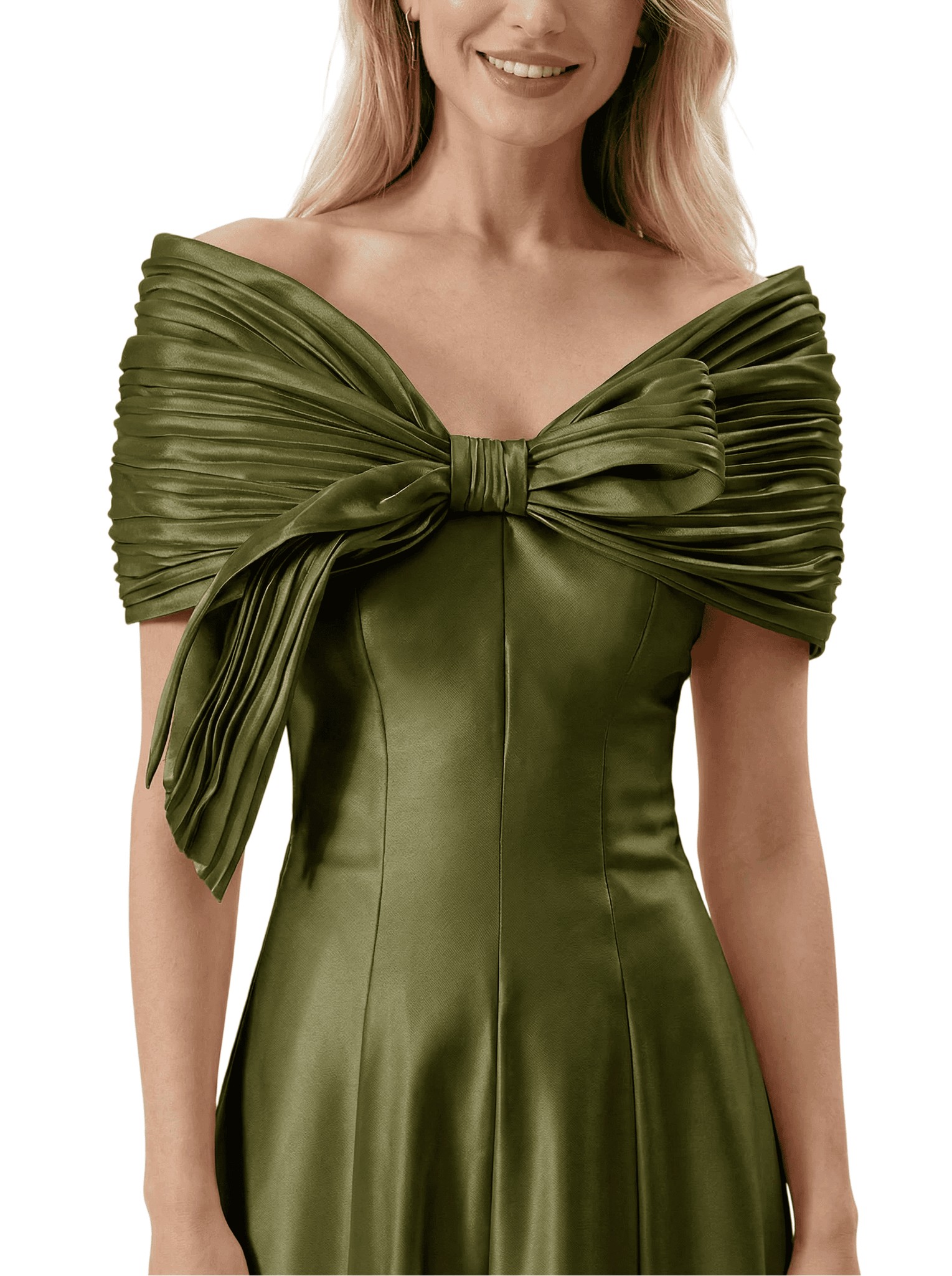 Beautiful Off The Shoulder Satin Mother Of The Bride Dress Ruched Sleeves A-Line Maxi Gown