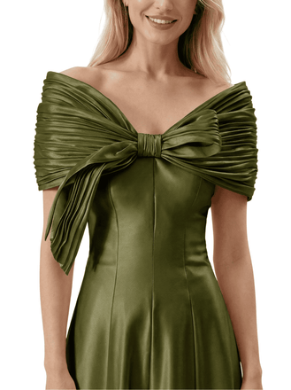 Beautiful Off The Shoulder Satin Mother Of The Bride Dress Ruched Sleeves A-Line Maxi Gown