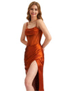 Elegant Silky Satin Side Slit Mermaid Ruched Beauty Long Bridesmaid Dresses Spaghetti Strap
