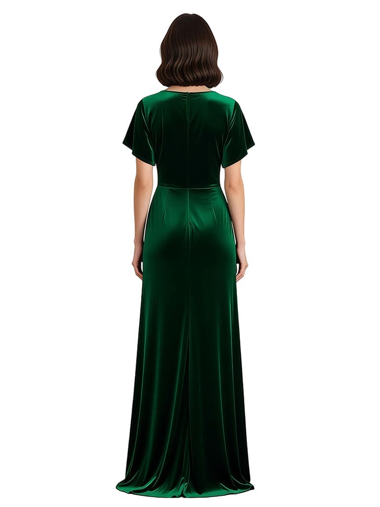 Elegant Jewel Short Sleeves Side Slit A-line Velvet Long Mother of The Dresses