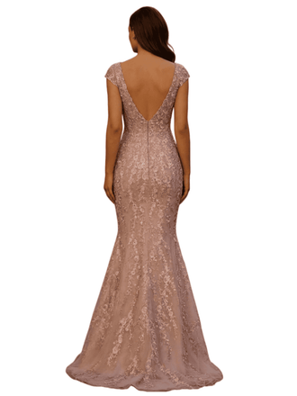 Elegant V-Neck Cap Sleeves Lace And Tulle Mermaid Long Mother of The Bride Dresses