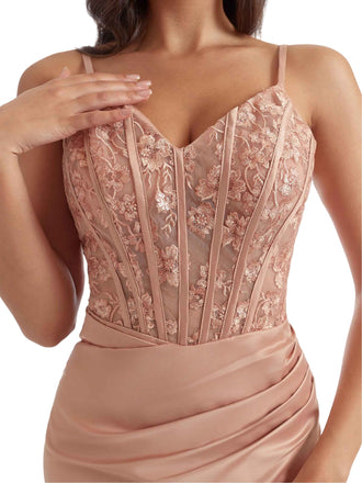 Elegant Mermaid Lace Applique Side Slit Satin Long Bridesmaid Dresses Spaghetti Straps