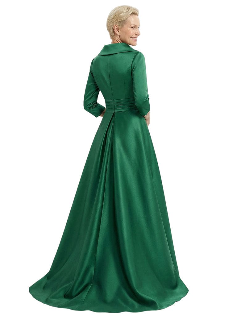 V-Neck Satin Mother Of The Bride Dress 3/4 Sleeves A-Line Maxi Gown With Side Slit Train Formal Wedding Attire