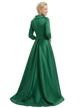 V-Neck Satin Mother Of The Bride Dress 3/4 Sleeves A-Line Maxi Gown With Side Slit Train Formal Wedding Attire