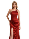 Modern One Shoulder Silky Satin Mermaid Long Bridesmaid Dresses Side Split