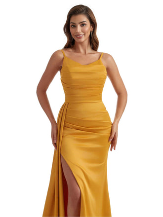 Elegant Side Slit Mermaid Ruched Satin Formal Long Bridesmaid Dresses Spaghetti Strap