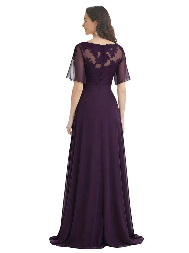 Elegant A-Line V-Neck Chiffon Bell Sleeves Floor-Length Mother of the Brides Dresses