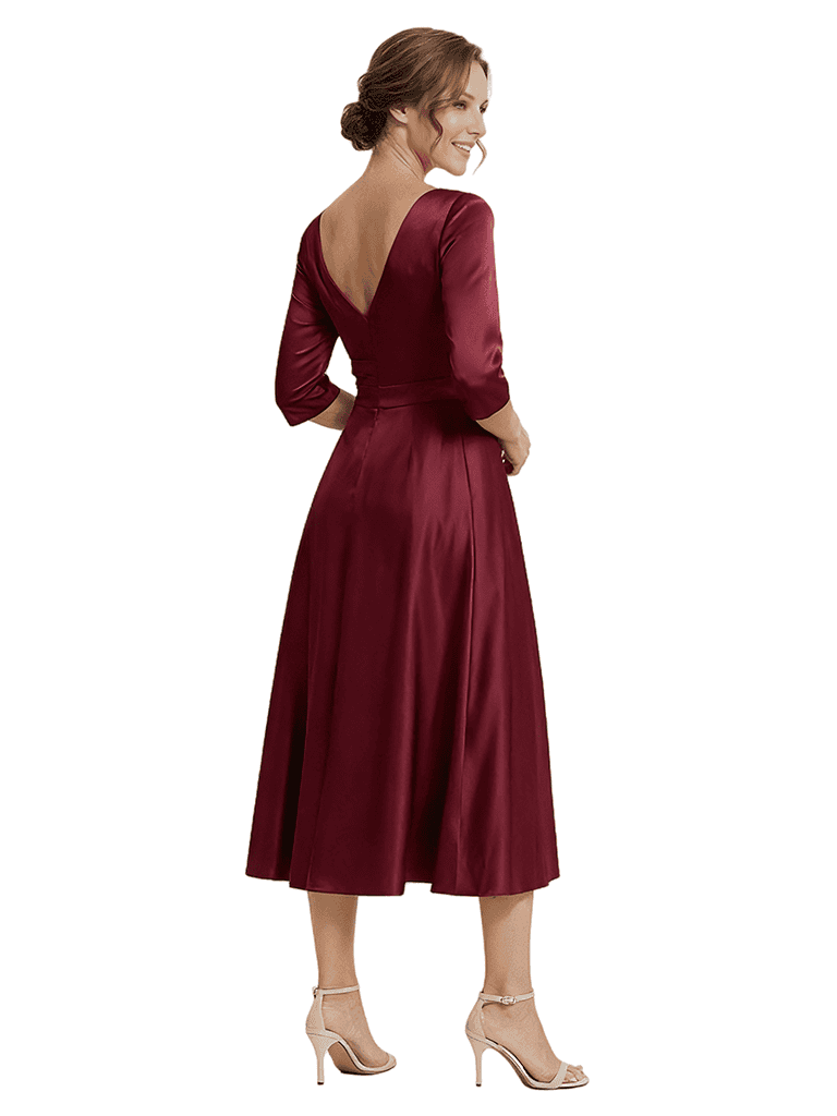Elegant Asymmetric Neckline Long Slevees Satin Midi Mother Of The Bride Dresses