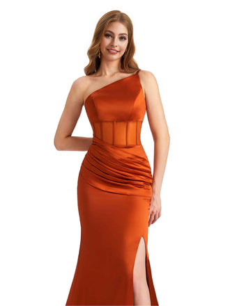 Sexy Stretch Satin One Shoulder Boning Side Split Mermaid Long Bridesmaid Dresses