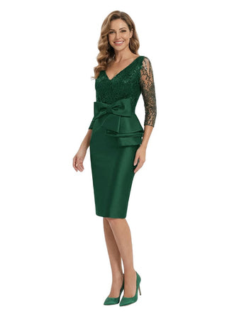 Mother Of The Groom Dresses V-Neck 3/4 Sleeves Satin Sheath Midi Formal Bride Mother Dresses